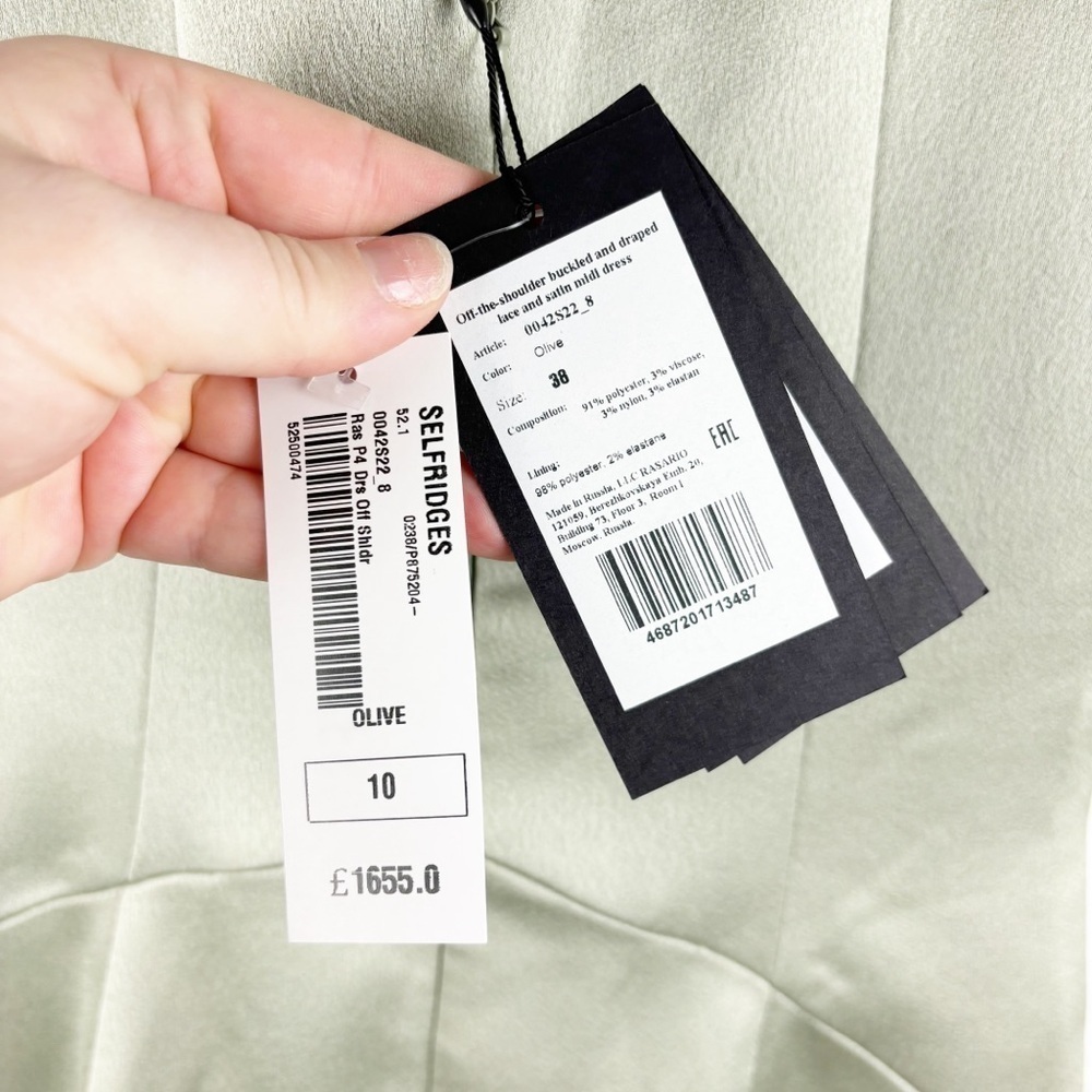 Rasario Cut Out Off The Shoulder Midi Dress Green Satin Cocktail Formal Evening — image 8 of 8
